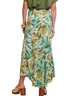 Jupe longue verte avec des motifs de feuilles et une taille élastiquée
