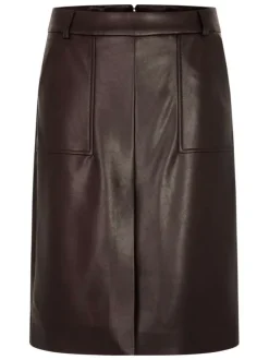 Jupe marron en simili cuir fendue à l'avant et pourvue de poches