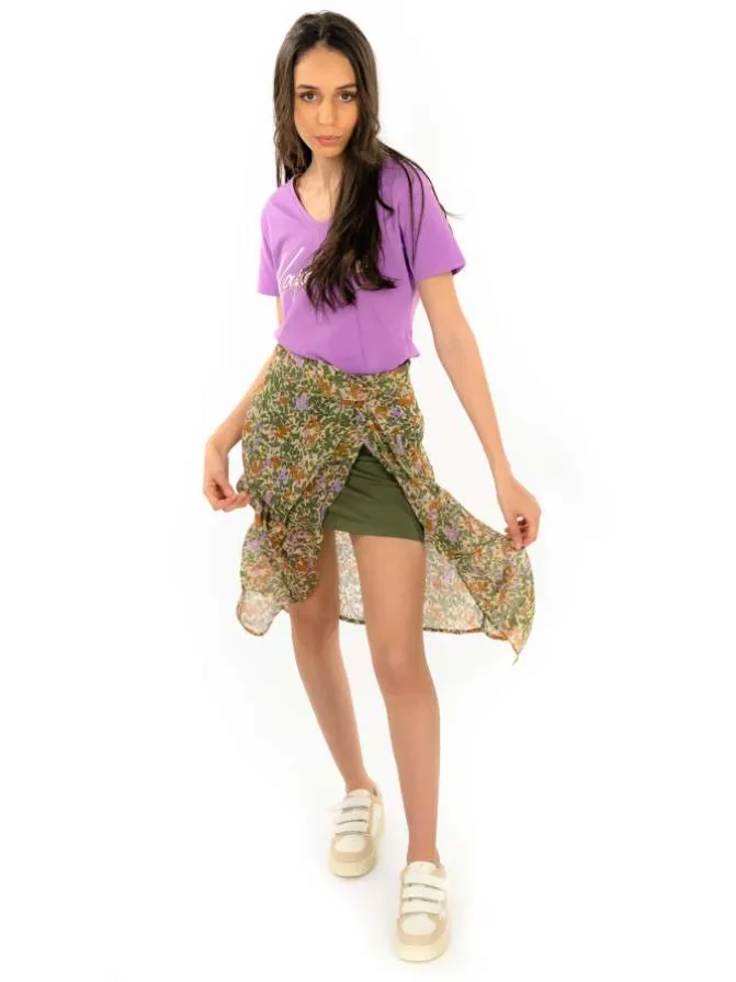 Jupe midi multicolore fleurie avec une coupe droite et une taille haute