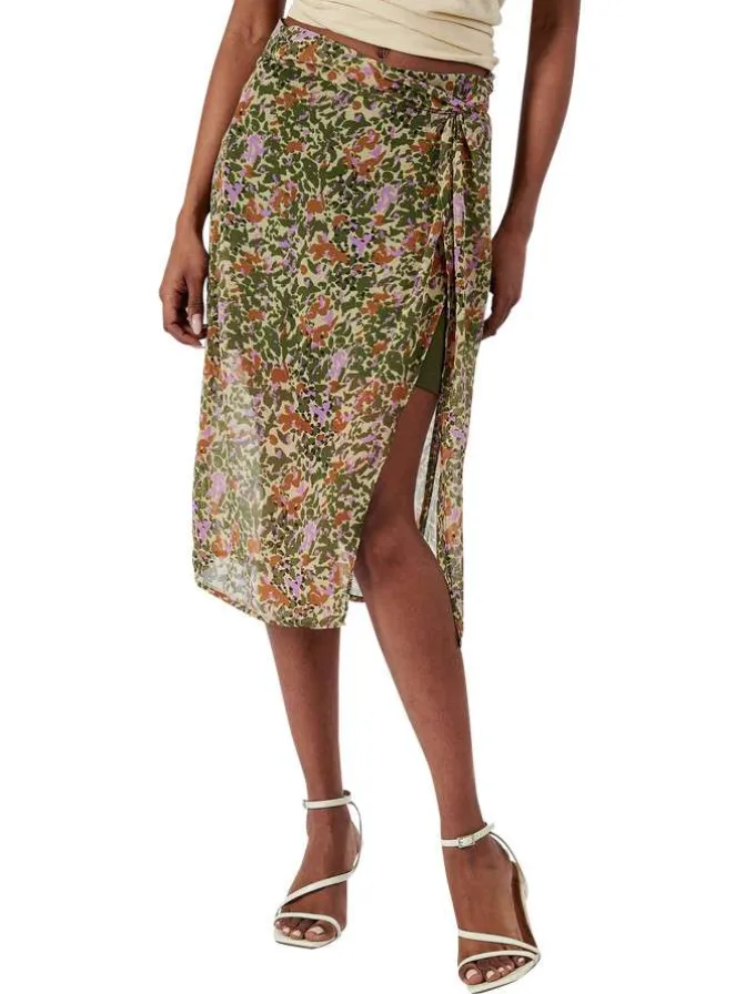 Jupe midi multicolore fleurie avec une coupe droite et une taille haute
