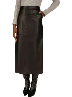 Jupe midi noire en simili cuir avec une coupe droite et 2 poches