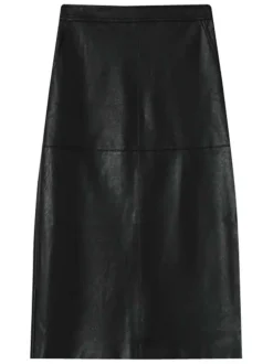 Jupe midi noire en simili cuir avec une coupe droite et 2 poches