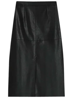 Jupe midi noire en simili cuir avec une coupe droite et 2 poches
