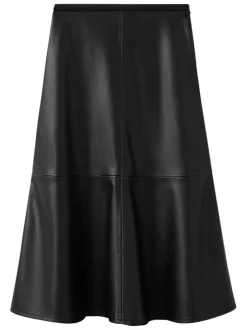 Jupe midi noire uni en simili-cuir avec une coupe évasée et fermeture zippée