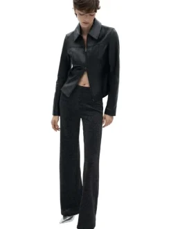 Legging anthracite en lurex avec une coupe droite et ample et taille élastiquée