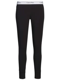 Legging noir uni en coton avec taille élastiquée blanche et marque
