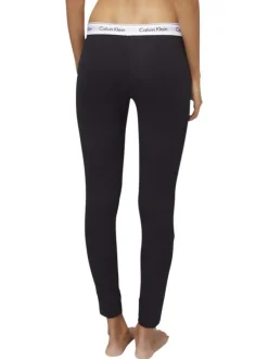Legging noir uni en coton avec taille élastiquée blanche et marque