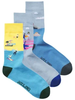 Lot de 3 paires de chaussettes hautes en coton mélangé bleues imprimées