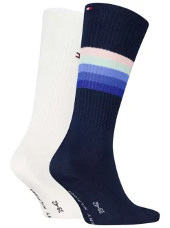 Lot de 2 paires de chaussettes hautes blanche unies et marine à imprimé