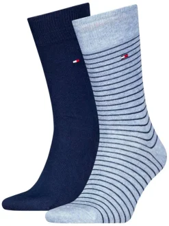 Lot de deux paires de chaussettes hautes en coton bleues rayées