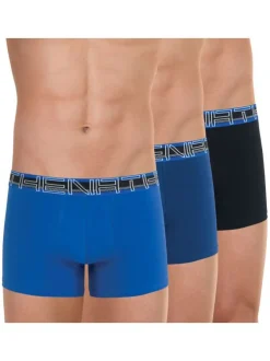 Lot de 3 boxers classique en coton bleu, marine et noir uni avec nom de la marque sur la taille élastiquée