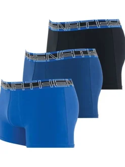 Lot de 3 boxers classique en coton bleu, marine et noir uni avec nom de la marque sur la taille élastiquée
