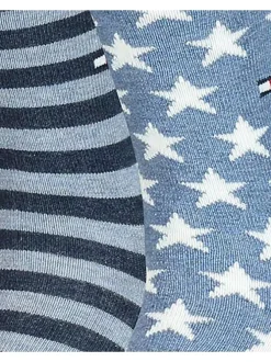 Lot de 2 paires de chaussettes hautes bleues marine en coton mélangé rayées et motif étoiles