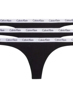 Lot de 3 strings en coton noir uni avec ceinture blanche et nom de la marque