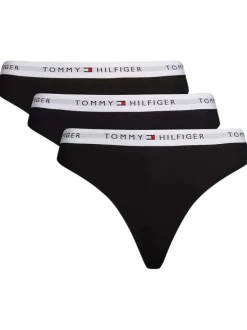 Lot de 3 strings en coton noir uni avec tailles élastiquées blanches