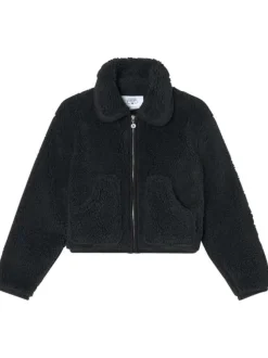Manteau noir en maille gaufrée à coupe droite avec col sherpa et 2 poches