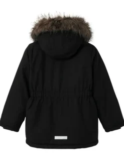 Manteau noir mi-long uni avec un col à capuche en fausse fourrure beige
