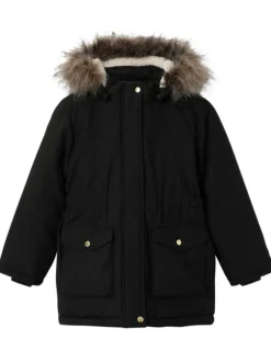 Manteau noir mi-long uni avec un col à capuche en fausse fourrure beige