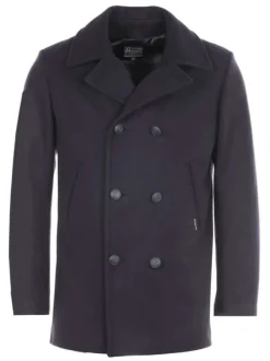 Manteau en laine marine uni à coupe droite et avec un col cranté