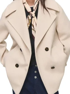 Manteau en laine mélangée écru uni à coupe oversize avec un col à revers