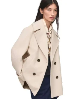 Manteau en laine mélangée écru uni à coupe oversize avec un col à revers