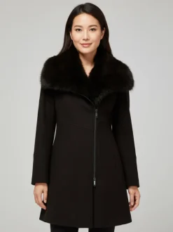 Manteau en laine mélangée noir uni avec un col montant en fausse fourrure