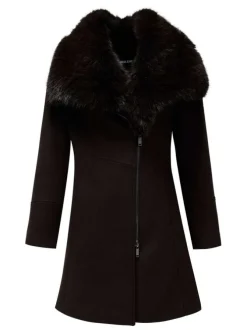 Manteau en laine mélangée noir uni avec un col montant en fausse fourrure