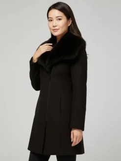 Manteau en laine mélangée noir uni avec un col montant en fausse fourrure