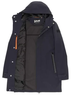 Manteau marine à coupe droite pourvu d'un col à capuche avec cordon de serrage