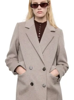 Manteau mi-long en laine mélangée taupe clair uni avec un col à revers