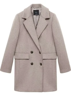 Manteau mi-long en laine mélangée taupe clair uni avec un col à revers