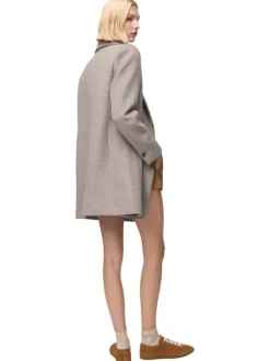 Manteau mi-long en laine mélangée taupe clair uni avec un col à revers