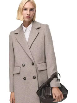 Manteau mi-long en laine mélangée taupe clair uni avec un col à revers