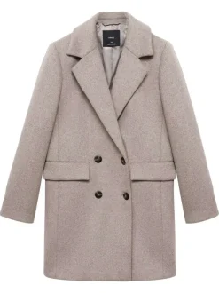 Manteau mi-long en laine mélangée taupe clair uni avec un col à revers