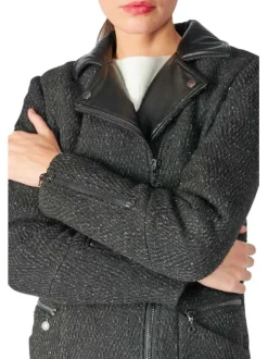 Manteau mi-longue noir chiné à coupe droite et col cranté