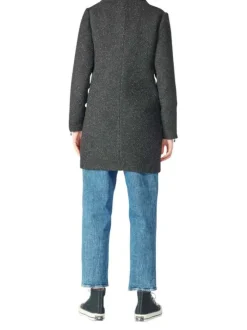 Manteau mi-longue noir chiné à coupe droite et col cranté
