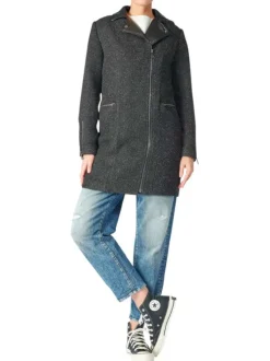 Manteau mi-longue noir chiné à coupe droite et col cranté