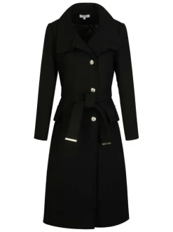 Manteau noir uni à coupe longue avec un col montant et des boutons