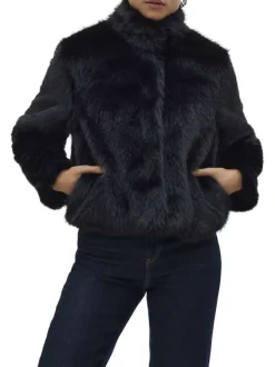 Manteau noir uni en fourrure synthétique avec un col montant