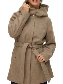 Manteau taupe uni à coupe droite avec un col à capuche et une ceinture