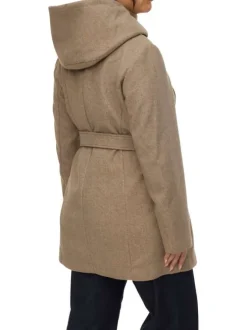 Manteau taupe uni à coupe droite avec un col à capuche et une ceinture