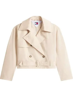 Manteau Trench court en coton mélangé beige uni avec une coupe droite