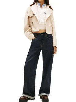 Manteau Trench court en coton mélangé beige uni avec une coupe droite