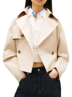 Manteau Trench court en coton mélangé beige uni avec une coupe droite