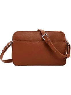 Mini sac à bandoulière camel grainé avec le nom de la marque embossé