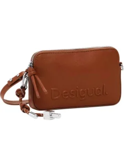 Mini sac à bandoulière camel grainé avec le nom de la marque embossé