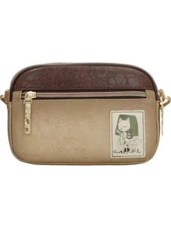 Mini sac beige avec des imprimés et une anse et deux zips