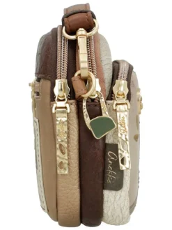 Mini sac beige avec des imprimés et une anse et deux zips