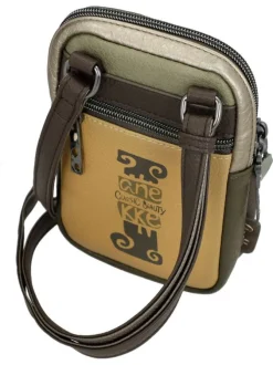 Mini sac beige, kaki et jaune avec des imprimés et une anse