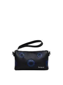 Mini sac à main noir avec fleurs bleues embossées, fermeture zippée et logo